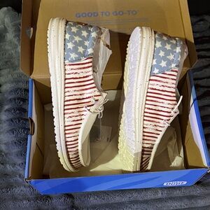Hey Dude Women's Slip-On Sneakers in Red, White & Blue Flag Print